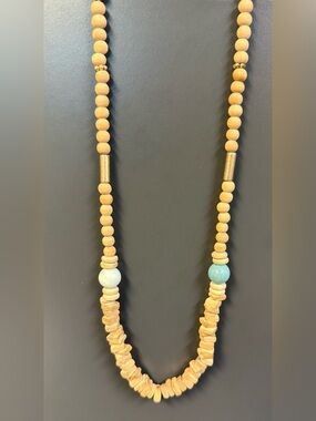 Natural Wood Bead Necklace with Blue and Cream Accents